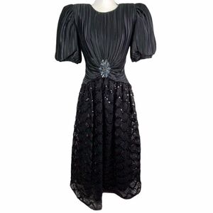Nuit Vintage Dress Black Lace Tulle Satin Puffy Sleeves Dress Size 6